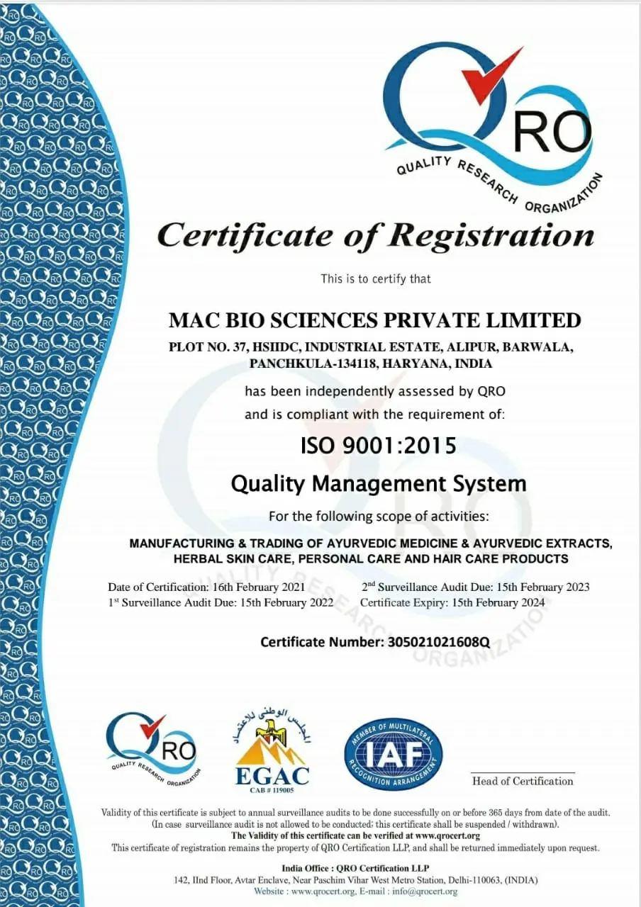 Certificate of registration of Mac Bio Sciences